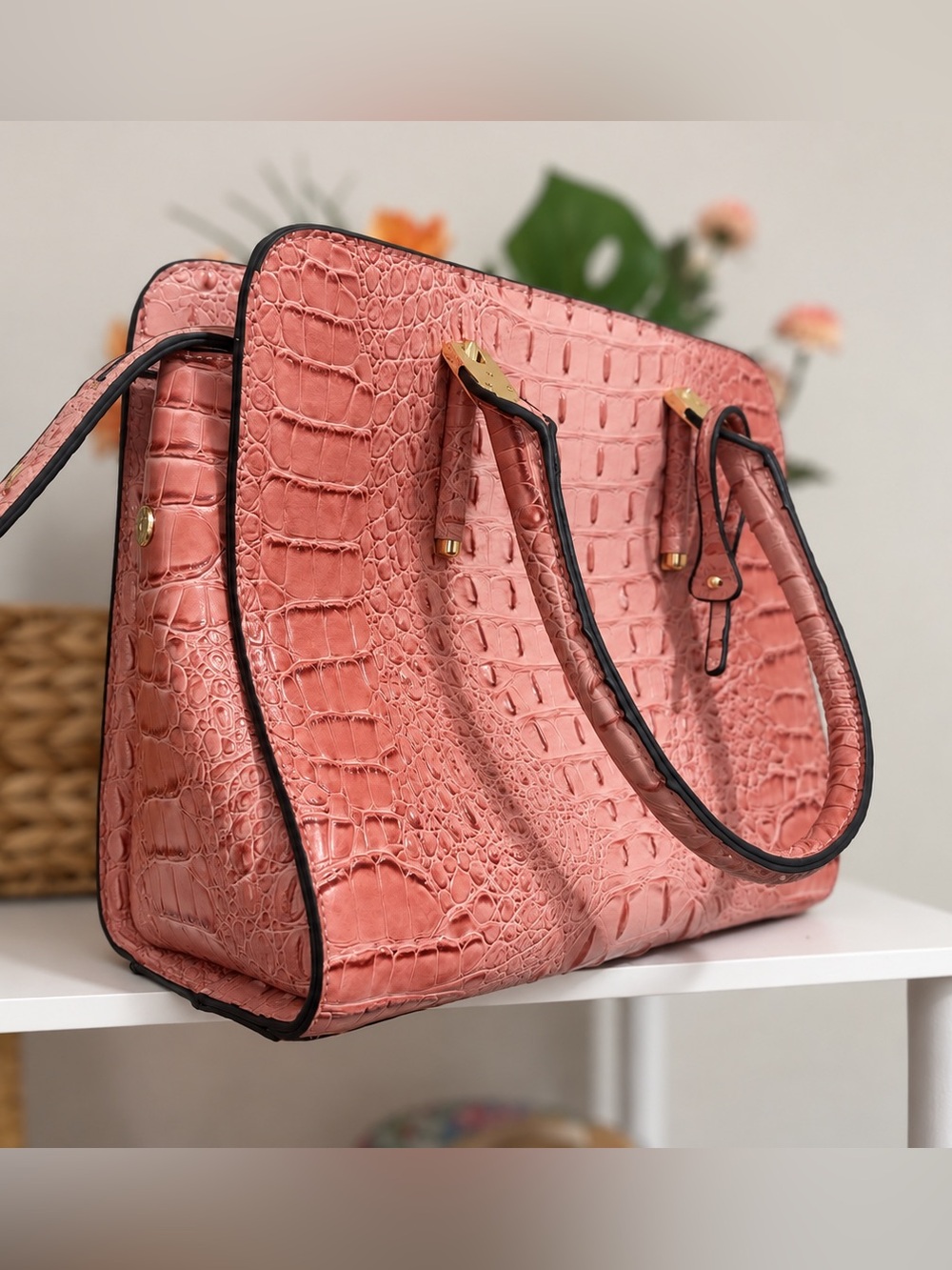 Elegant Pink Croc-Embossed Satchel